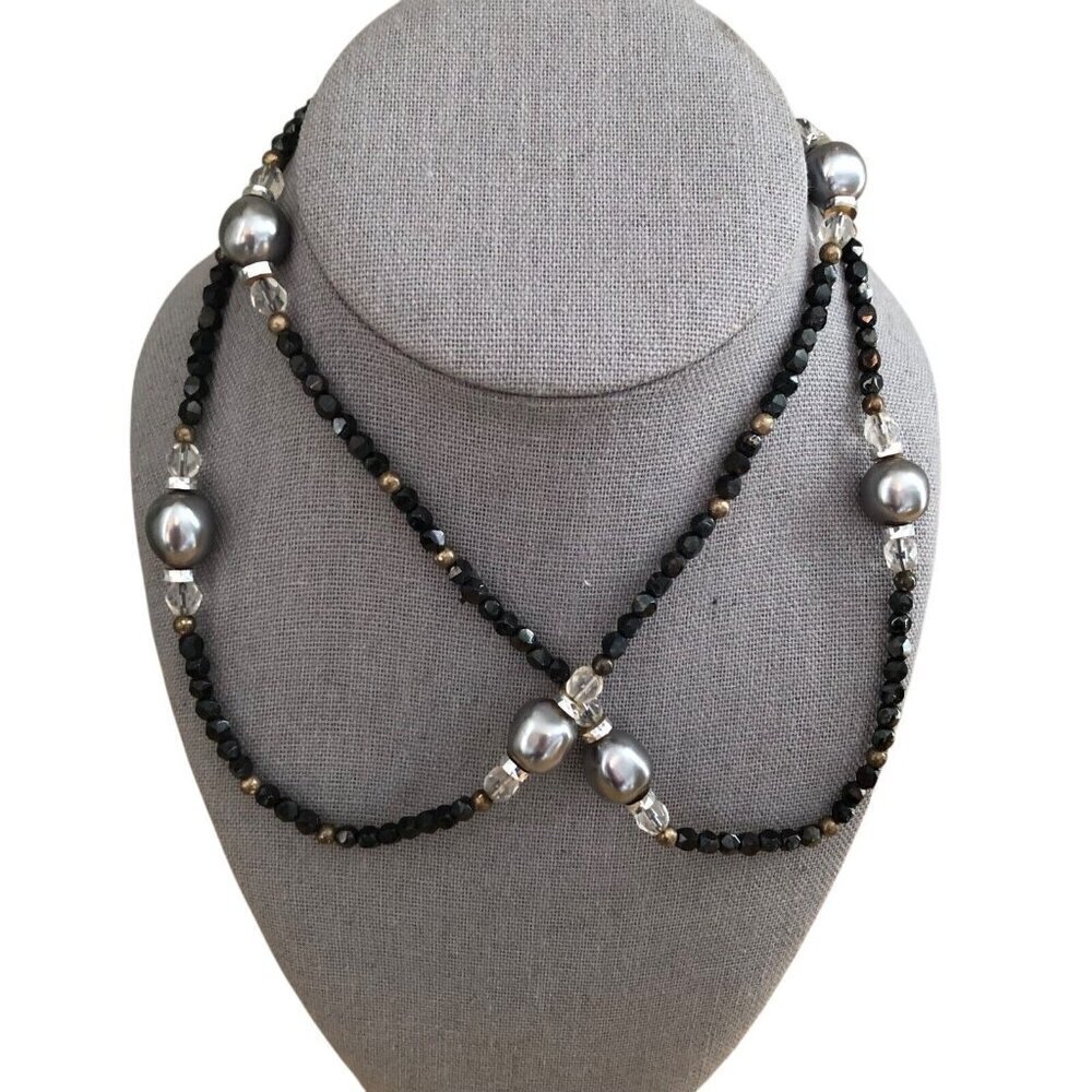 Vintage Crystal Faceted & Glass Jet Bead Opera Length Necklace - Whimsigoth 33"